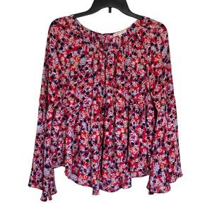 Copper Key Womens Size Small Blouse Boho Top Bell Sleeve Red Floral Swing Flowy